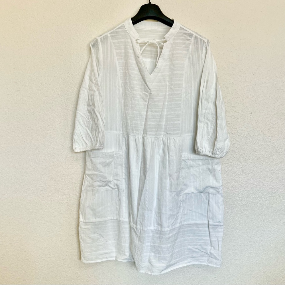 Women's White Pullover Lined Midi Dress 3/4 Sleeves & Pockets Size L